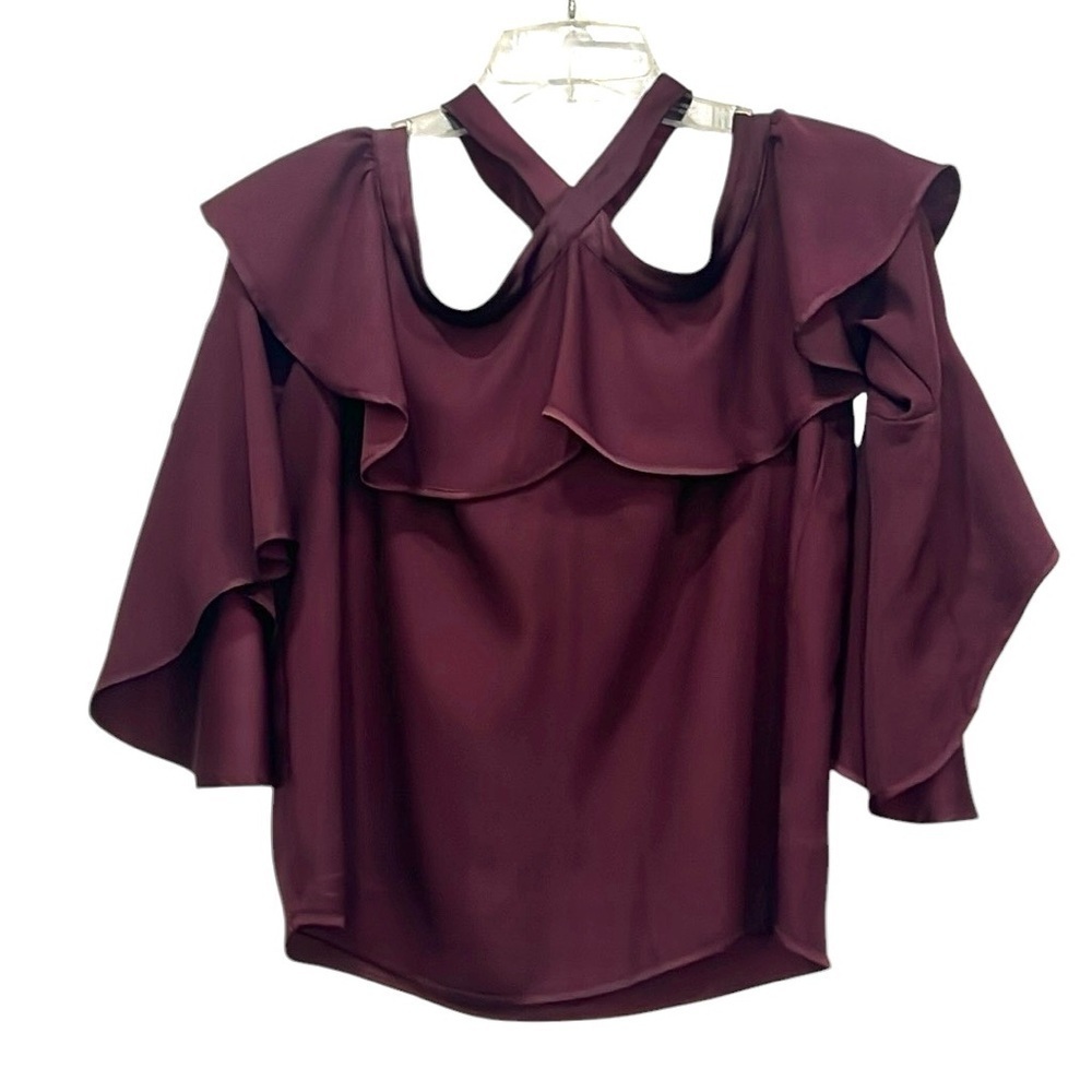 Loft burgundy ruffle bell sleeves top size S - Picture 3 of 10